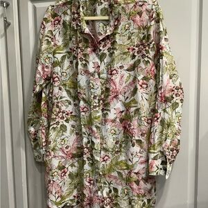 J. Jill Silk Blend Hummingbird Tropical Floral Button Down Blouse Sz L